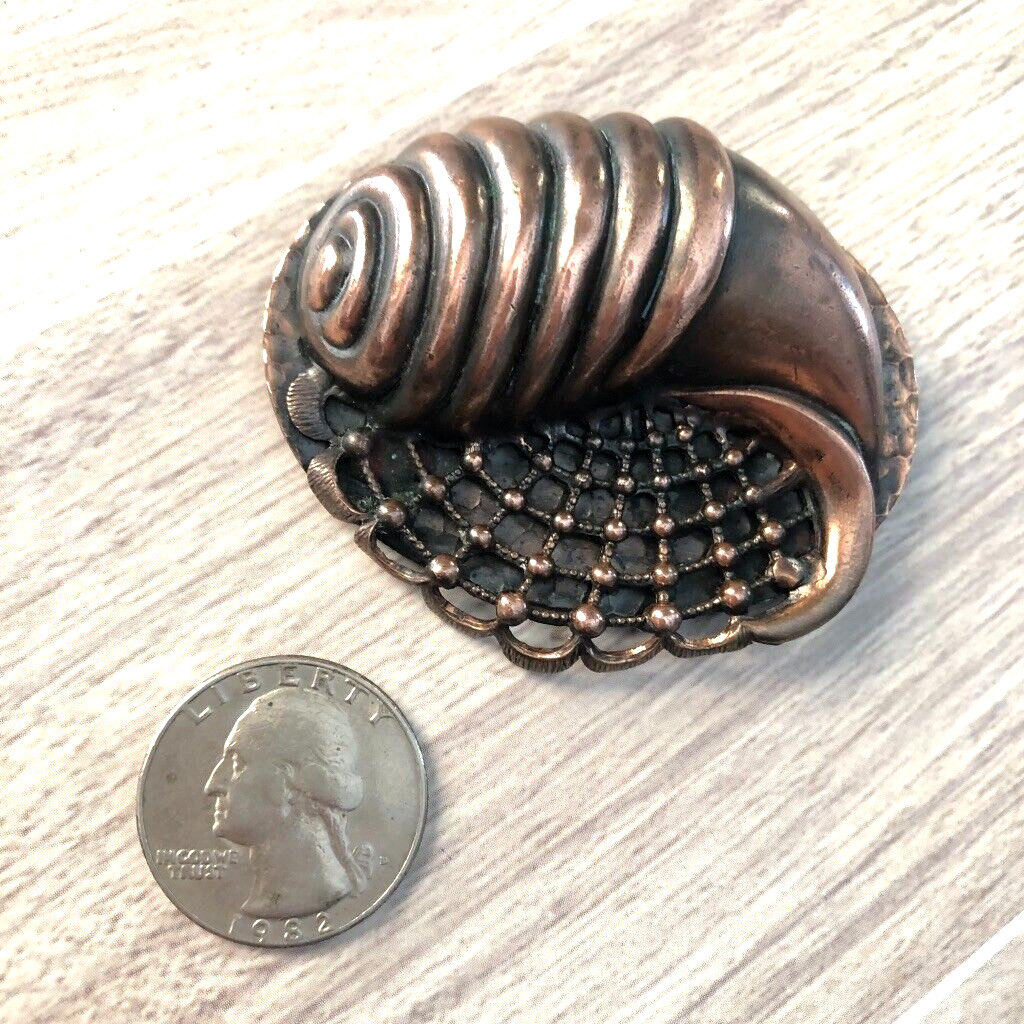 VTG Bronze/Copper Tone SEASHELL BROOCH Oval 2 3/8″ wide Embossed Unique Rare