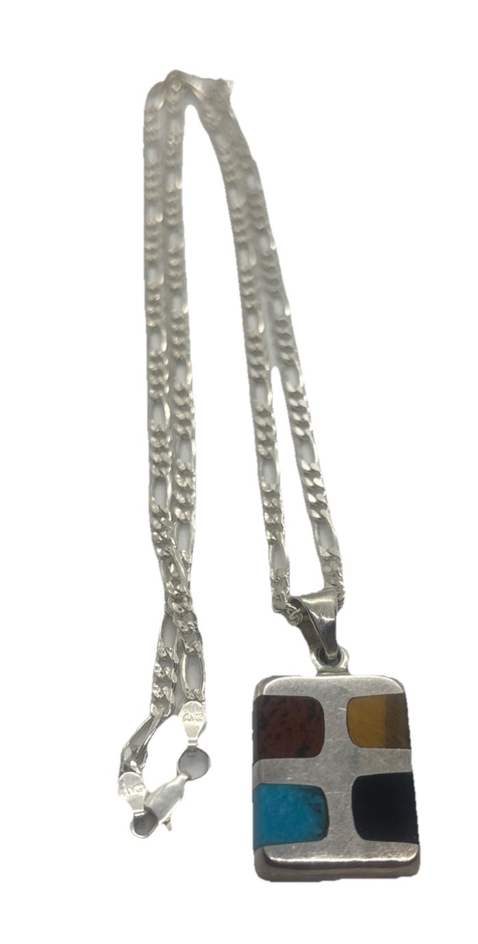 Vintage Sterling Silver Multi Stone Chunky Pendant On 21” Figaro Chain 20.8 Gr