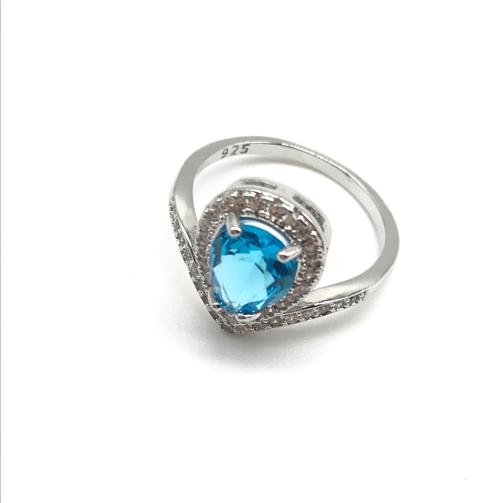 925 Sterling Silver Blue & Clear CZ Accented Ladies Band Ring Size 7.25