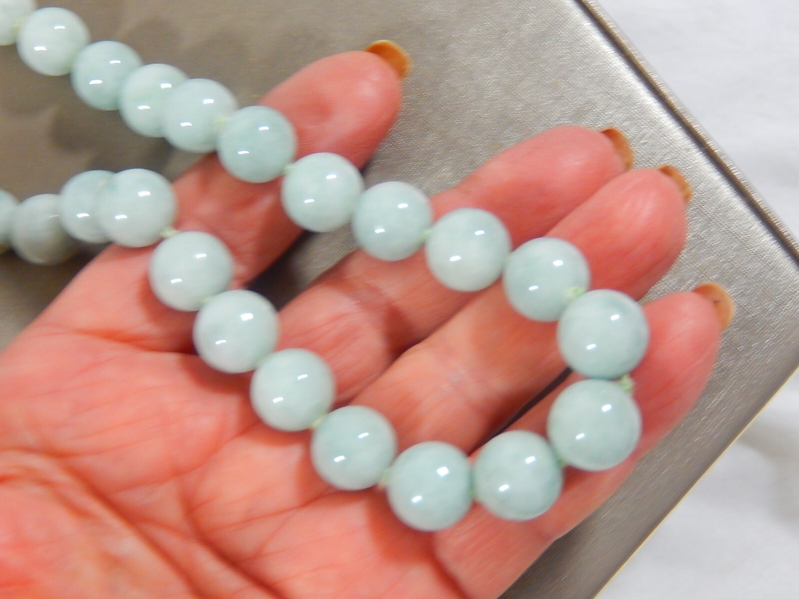 VTG FINE QUALITY AMAZONITE 12mm BEAD HAND KNOTTED NECKLACE W 925 MARCASITE CLASP