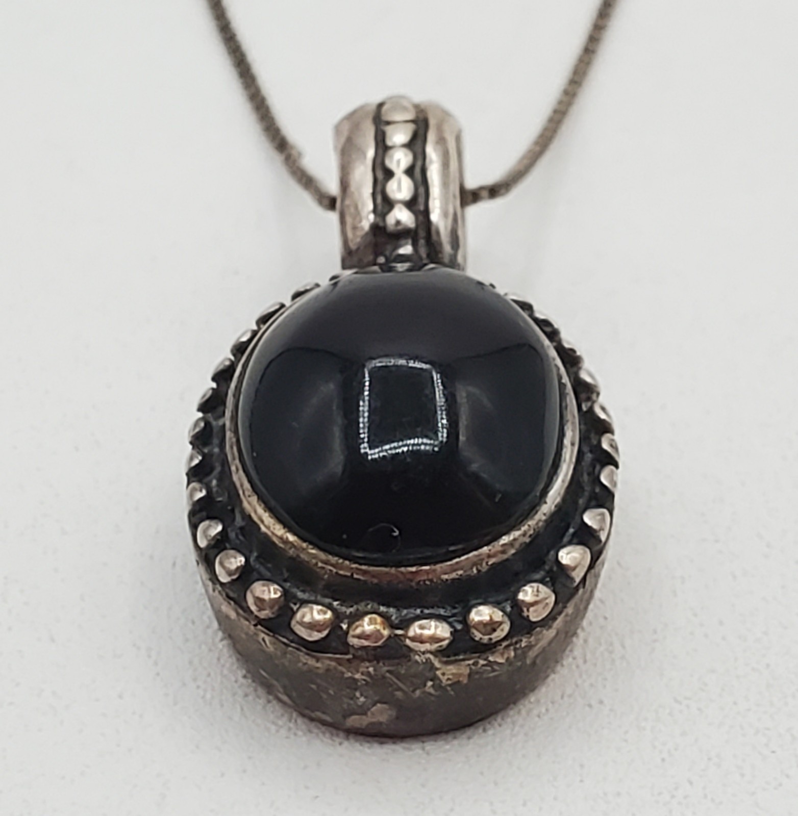 MEX 925 ATI Black Onyx Necklace 23in Sterling Silver 9gtw Box Chain VTG Estate
