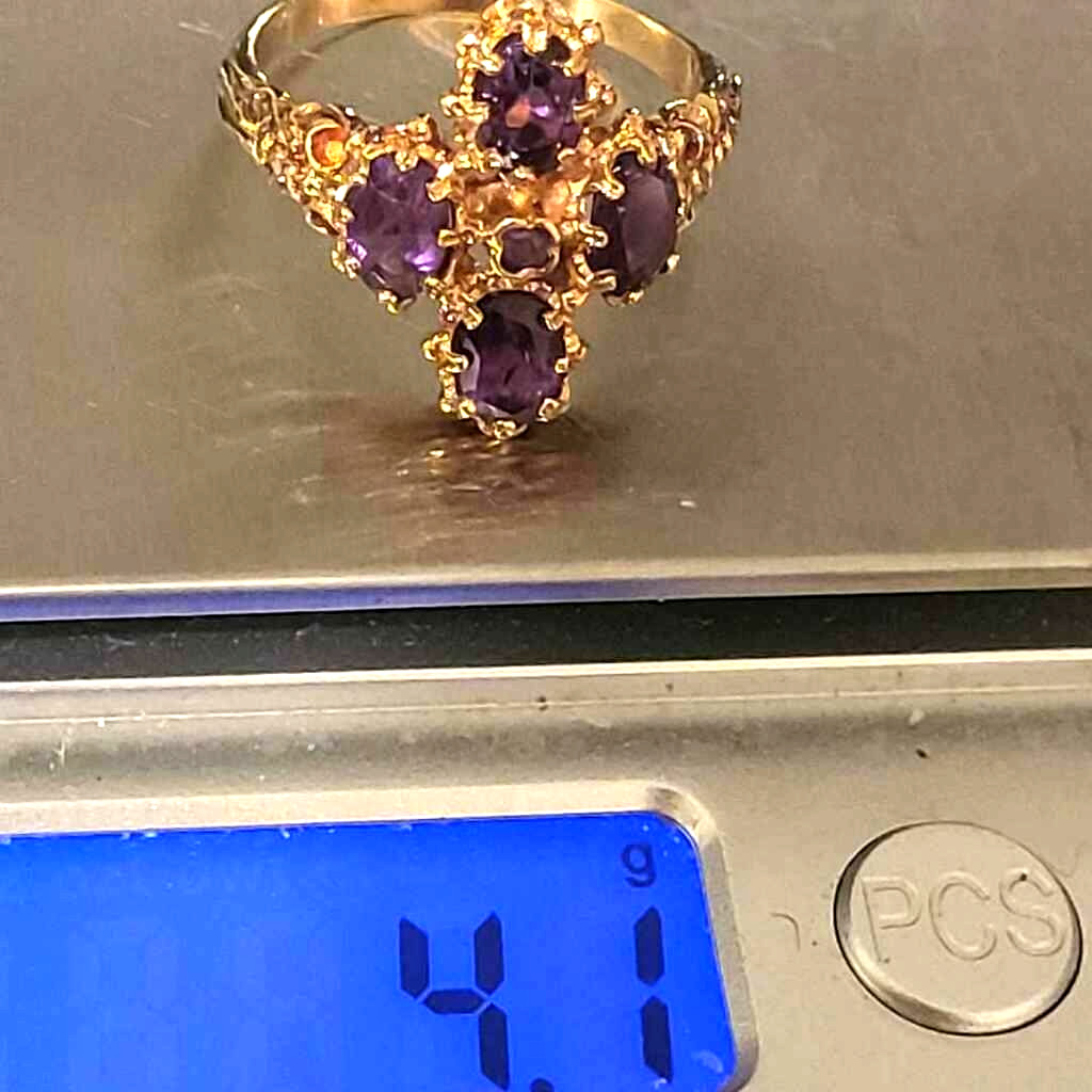 LARGE ANTIQUE 9K ROSE GOLD CLUSTER AMETHYST 5 STONE VICTORIAN FILIGREE