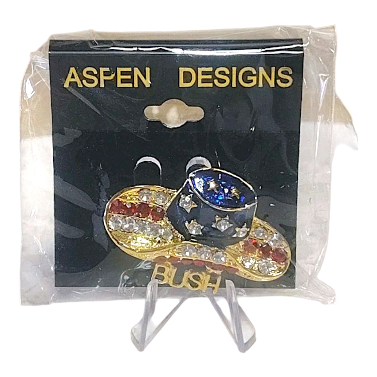 Vintage Patriotic Bush GOP Rhinestone Pin Red White Blue Gold Tone Cowboy Hat