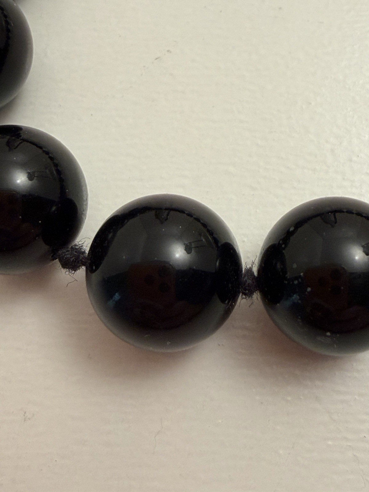 Vintage Round Polished Black Glass 1cm Beads 28” Necklace Hand-Knotted 126.7g
