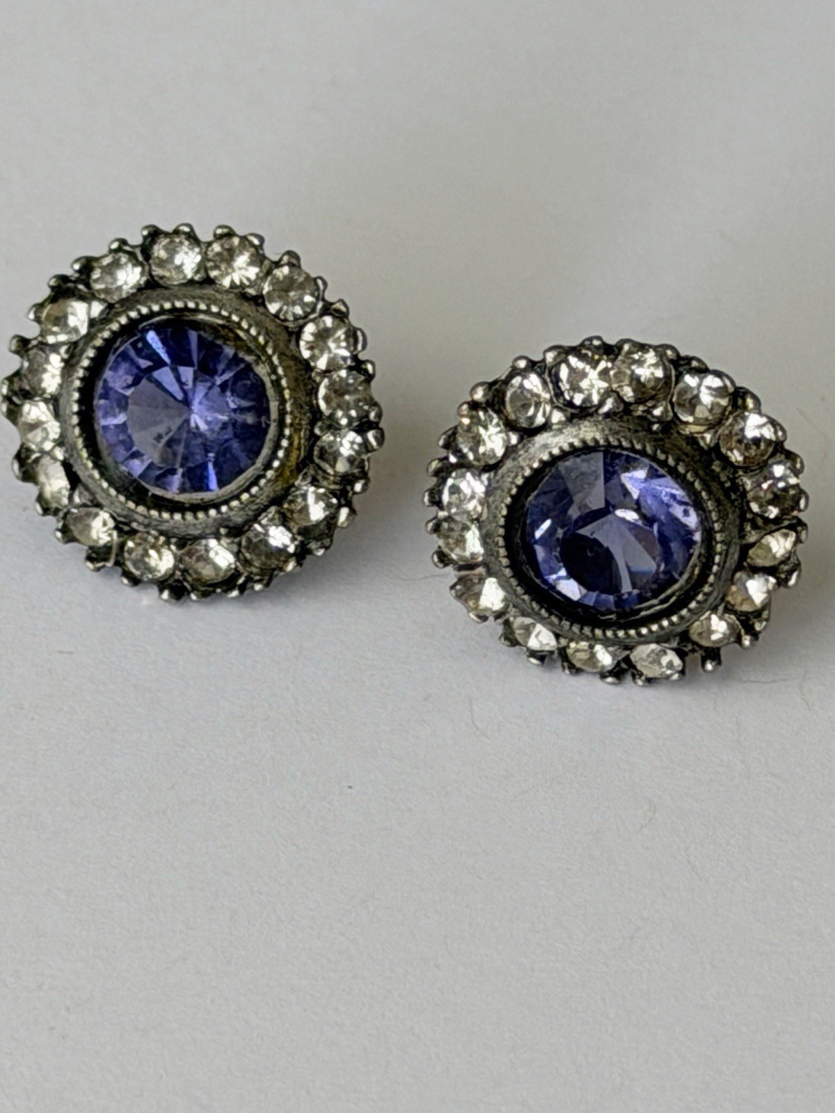 Vintage Purple Rhinestone Halo Stud Earrings, Silver Tone Round Faceted Crystal