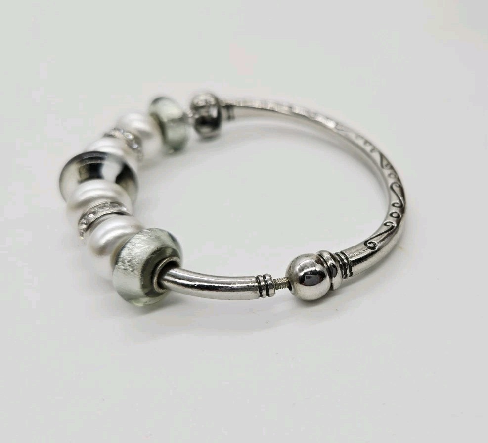 Hinged Bangle bracelet Silver tone Add a Bead One Size OSFM 9 beads