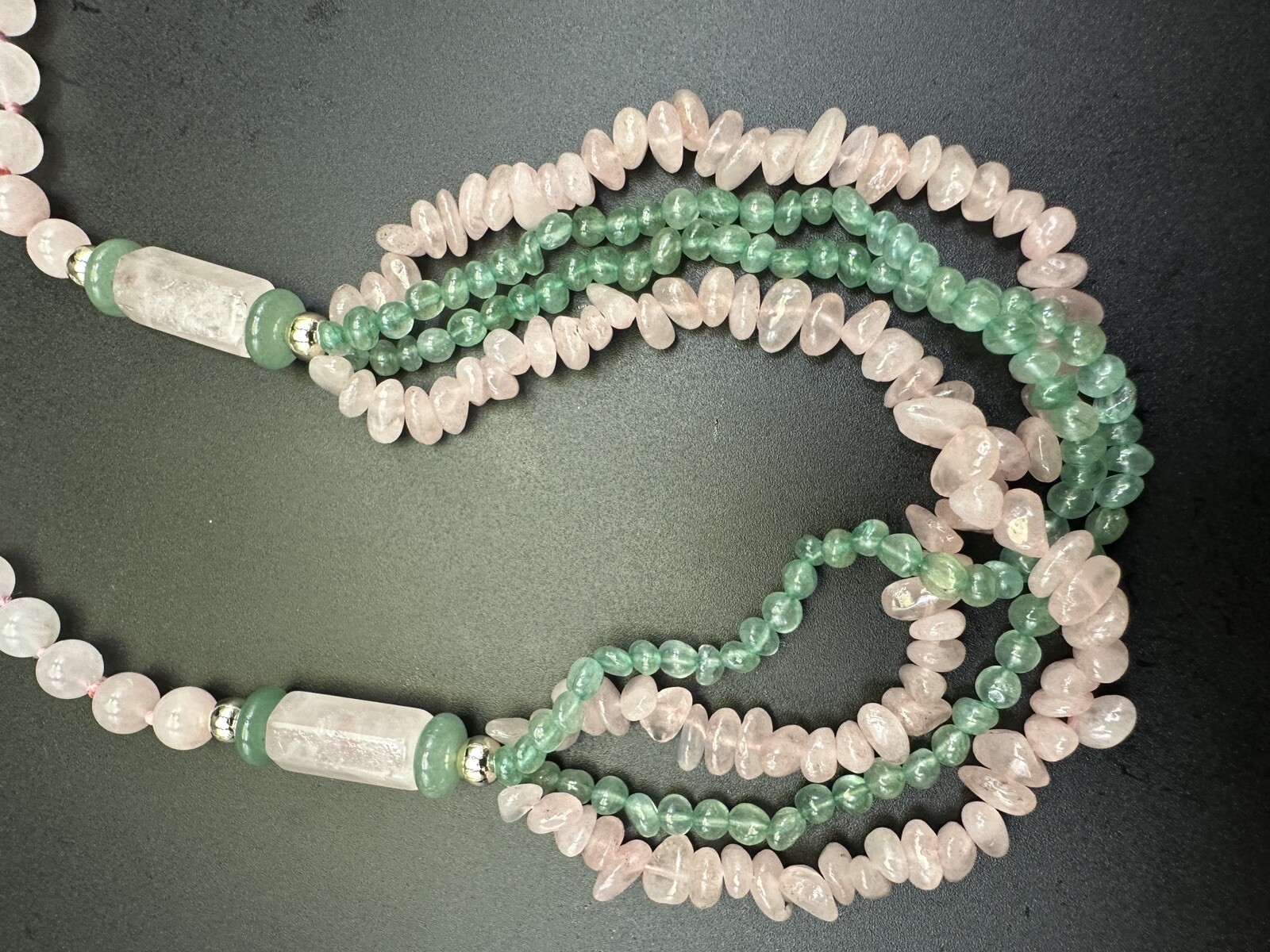 Vintage Chinese Export Multistrand Pink Rose Quartz Green Jade Necklace Stunning