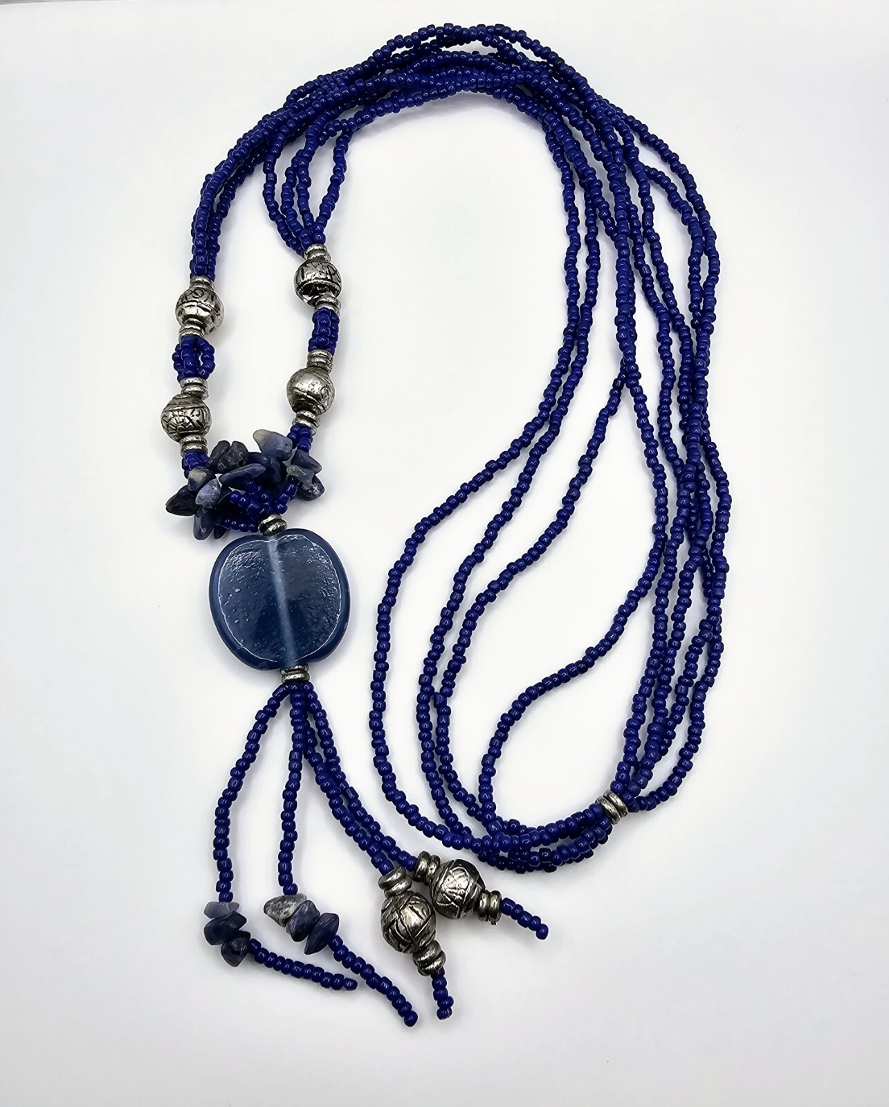 Vintage Glass Beaded Tassel Necklace Blue Native Boho Sodalite Southwestern