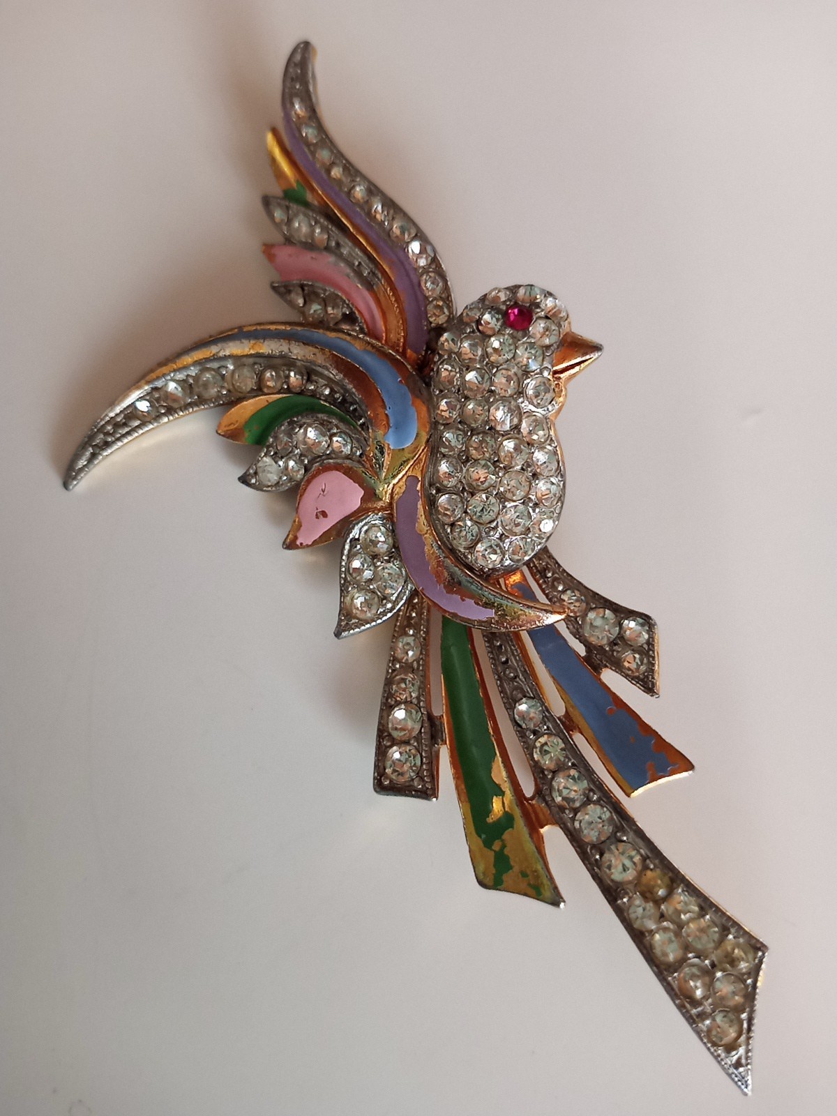 Vtg Coro? Clear Red Rhinestone Pink Blue Enameled Green Paradise Bird Brooch Pin