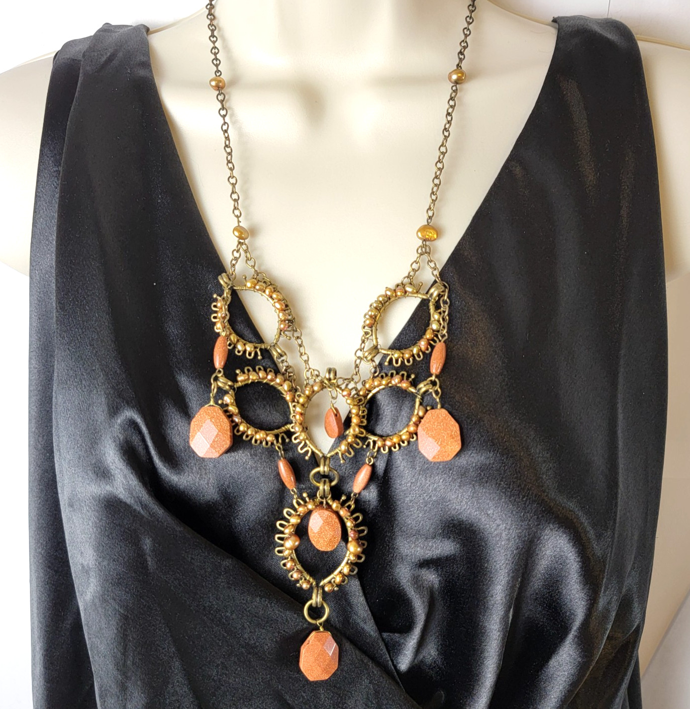Vintage Coldwater Creek Goldstone and Pearls Bronze Tone Bib Festoon Necklace