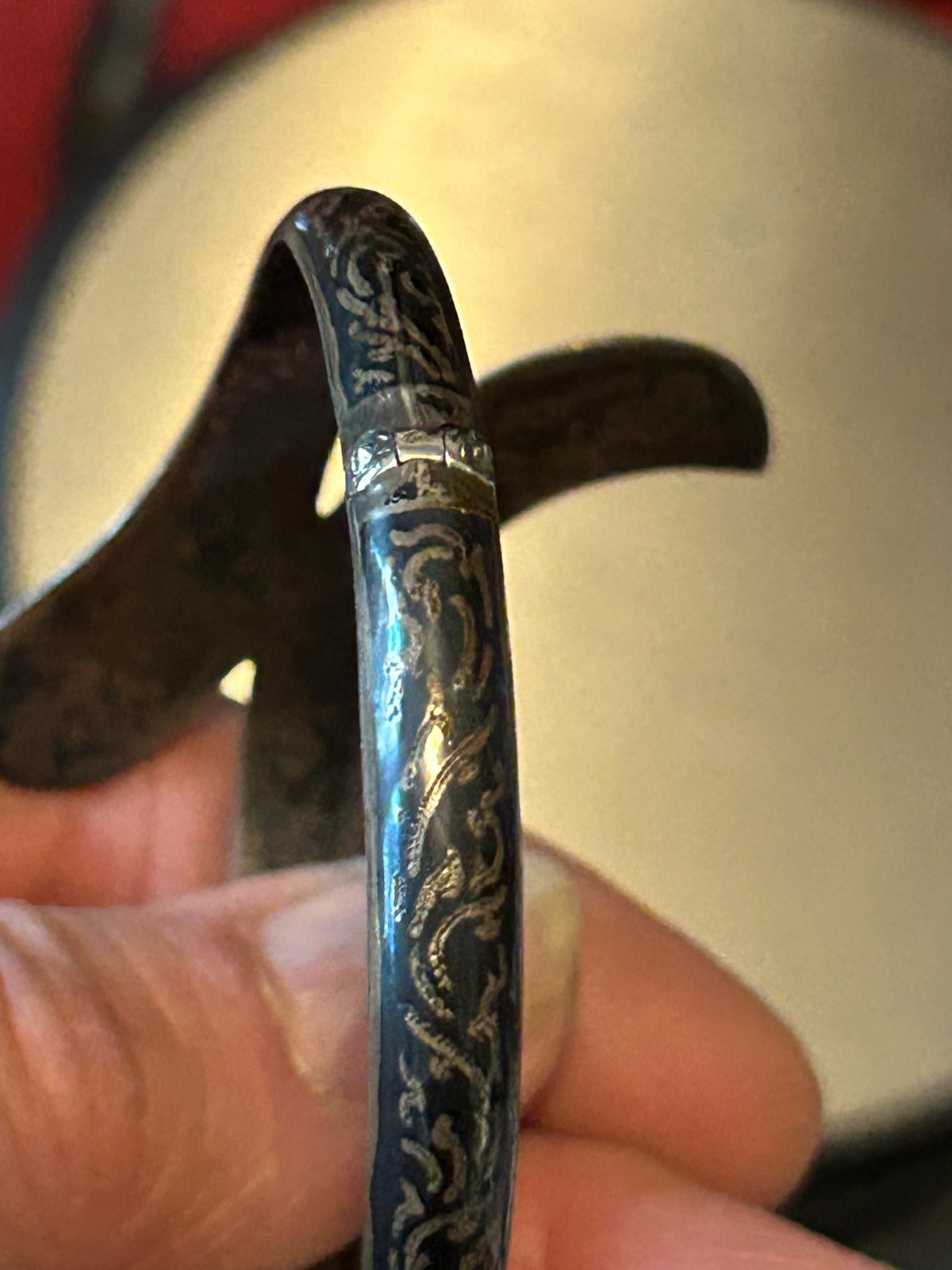 Vintage Siam Niello Godess Hindged Bangle Bracelet Sterling Excellent!