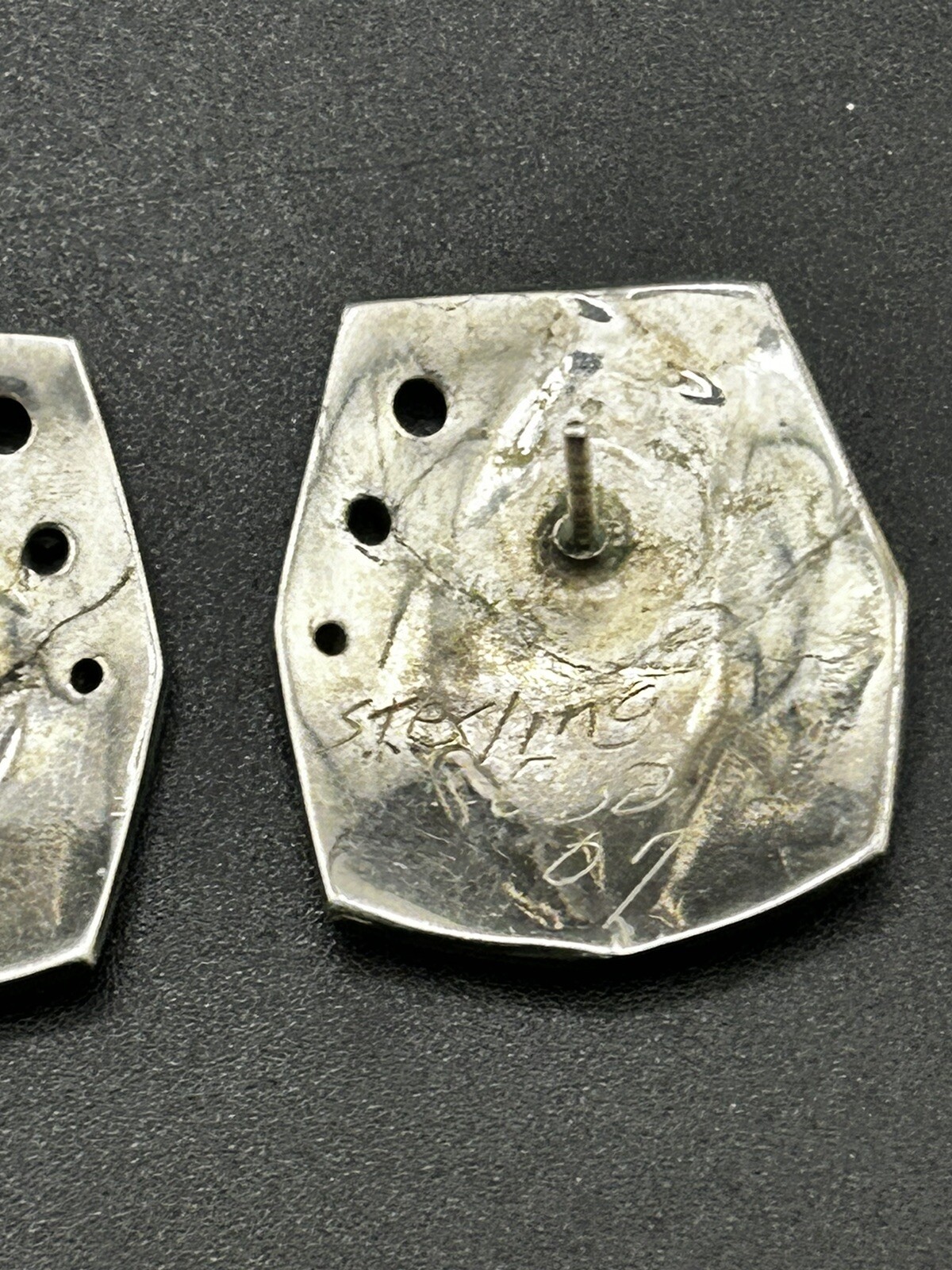 Vintage Sterling Designer Signed Geometric Mixed Metal Textured Accent Earrings