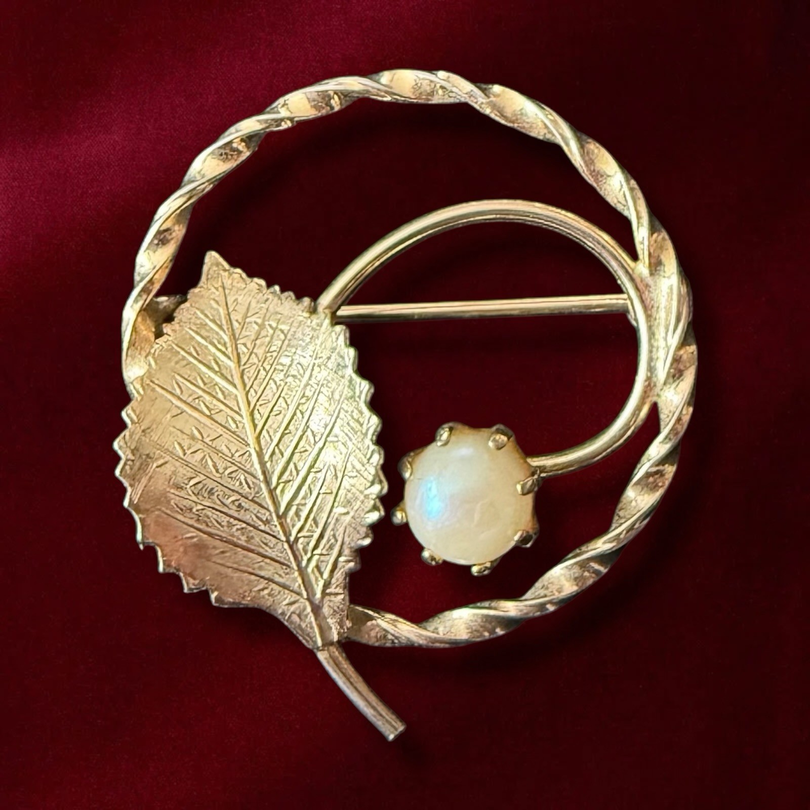 Gold Filled Leaf Brooch Cultured Pearl Pin Mid Century 1950s 12K GF Signed AC