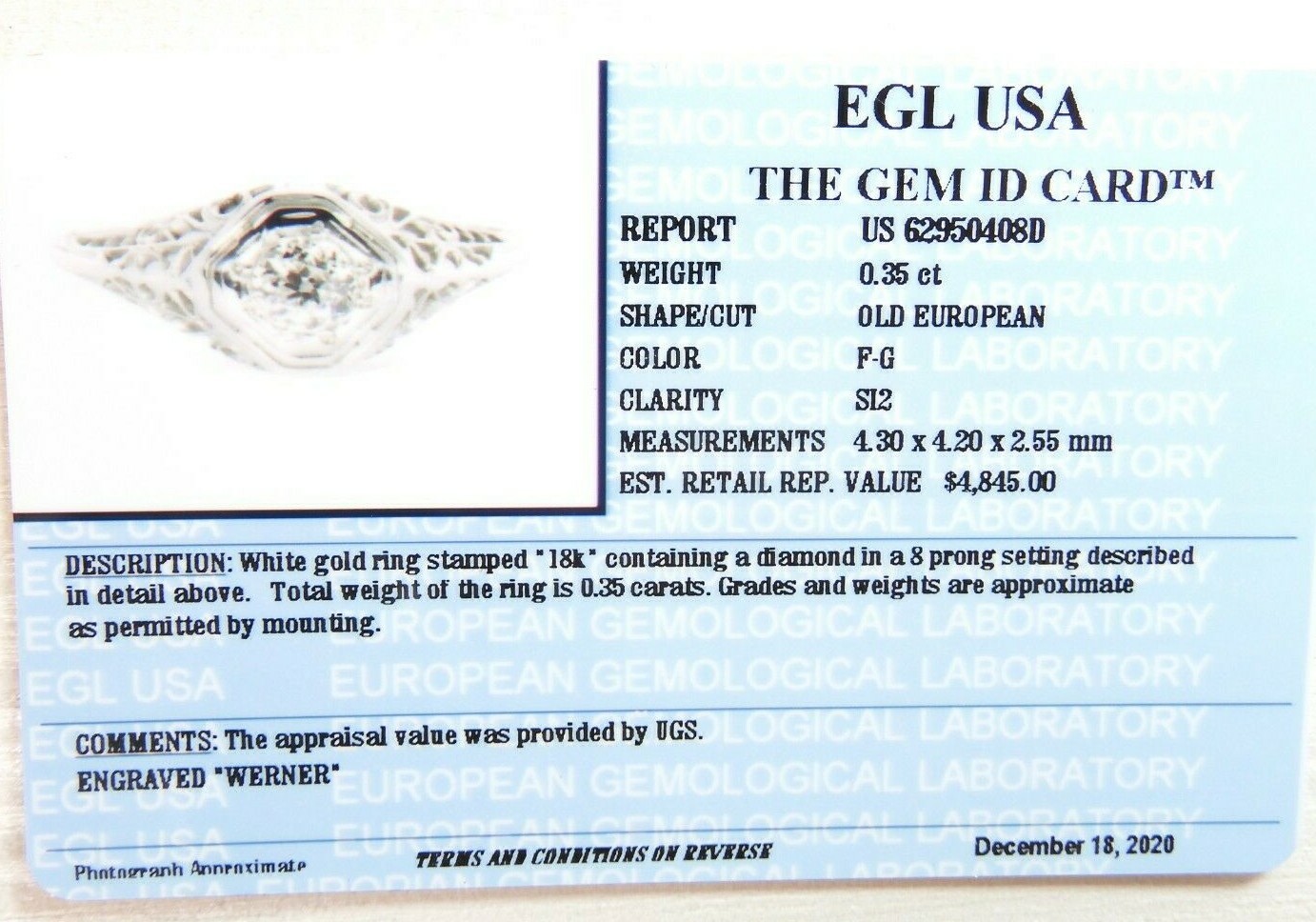 Antique Art Deco Engagement 18K White Gold Ring Size 6.5 UK-M1/2 EGL USA