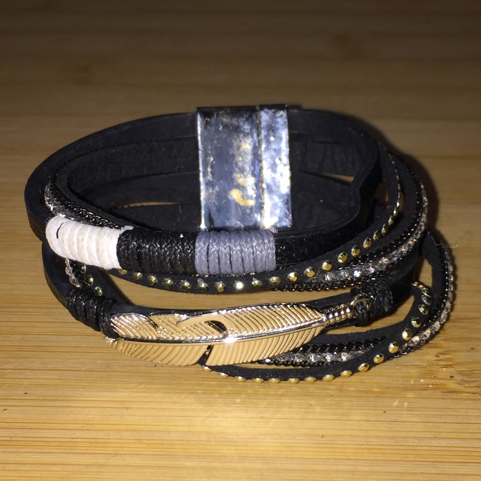 Boho Wrap Bracelet Gold Silver Tone Faux Leather Feather Rhinestone Studded VTG