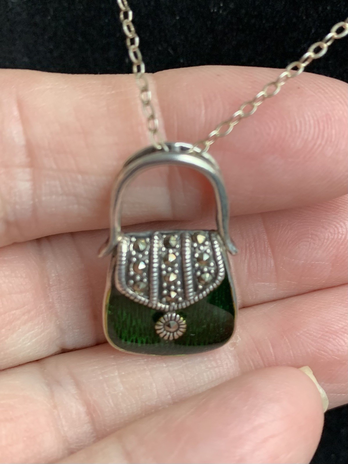 Vintage 925 Sterling Silver Green Guilloche Enamel Purse Handbag Pendant w/Chain
