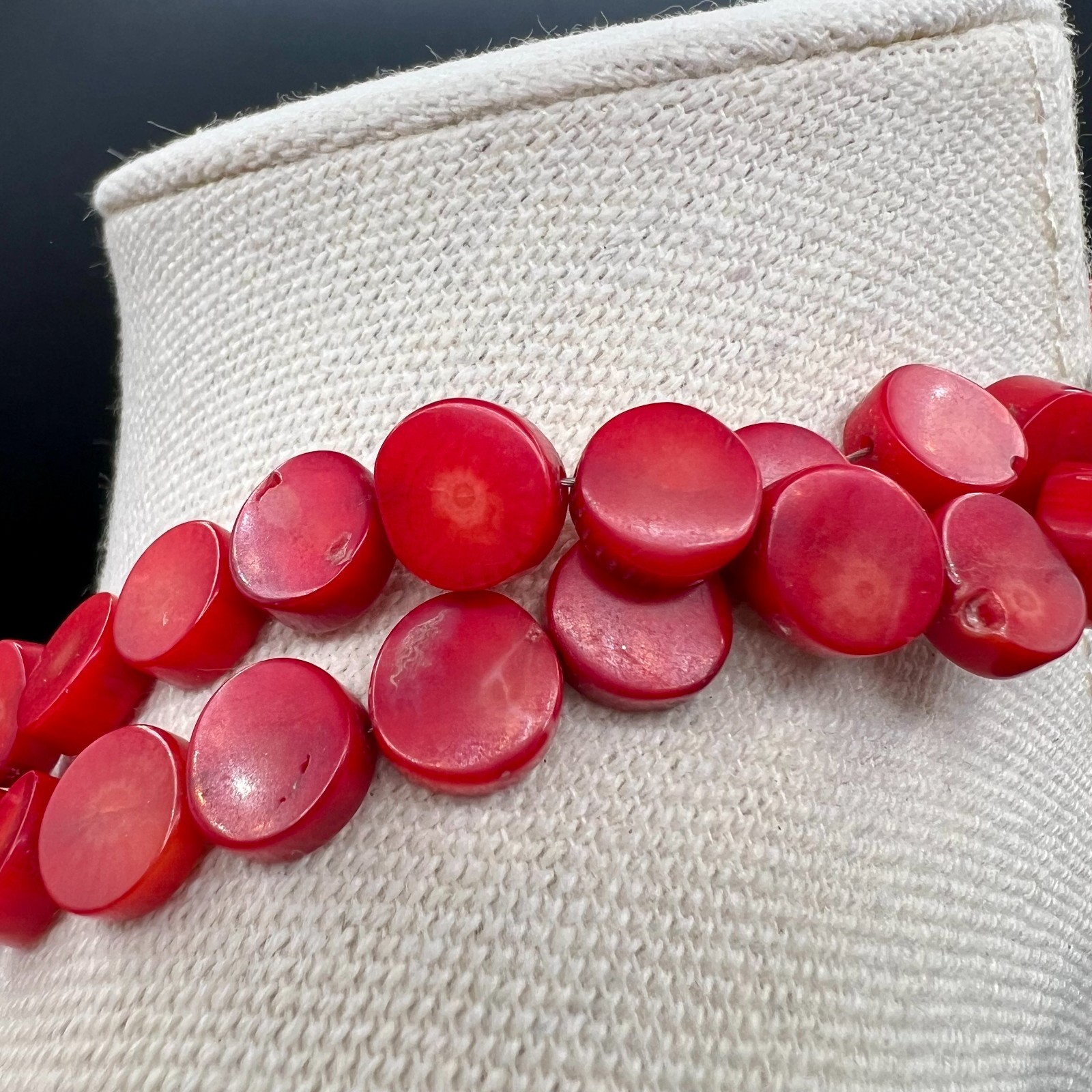 Vintage Natural Red Coral Necklace Double Strand Choker Disc Cube Beads 16″