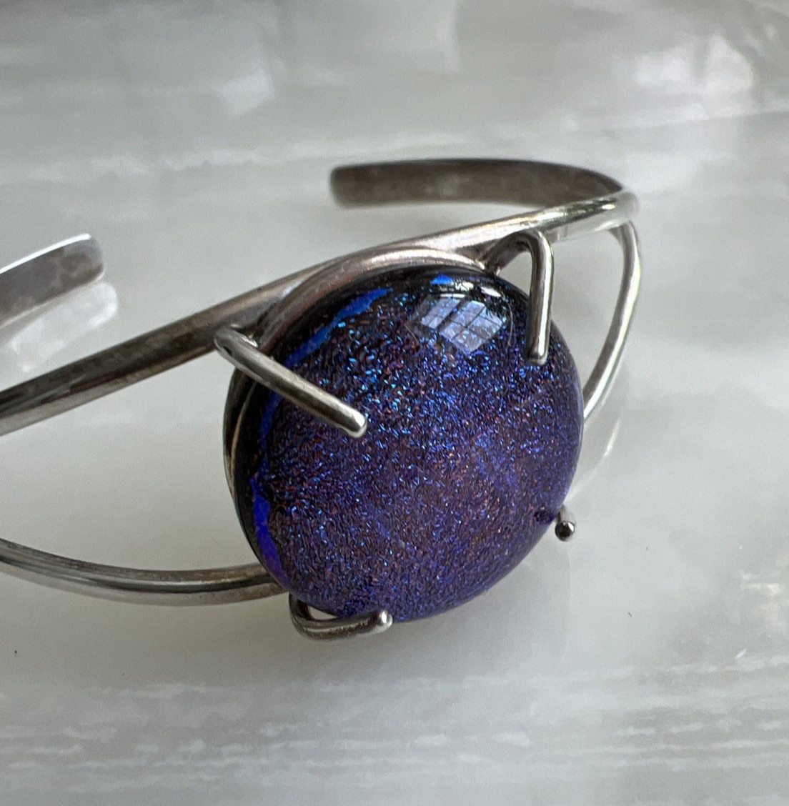 Vintage Sterling Silver Purple & Blue Art Glass Cuff Bracelet