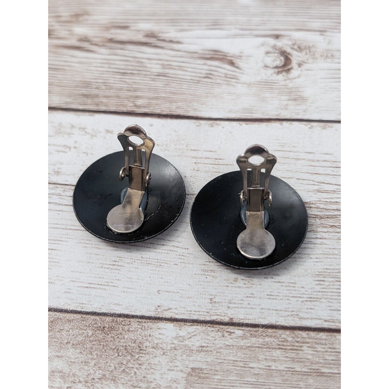 Vintage Clip On Earrings – Black with Silver Tone Design 1 & 1/8″