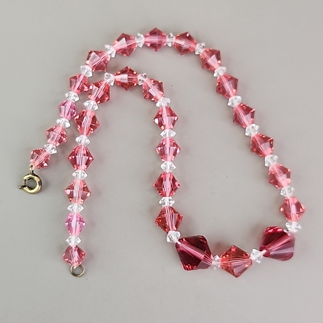 Vintage Glass Beaded Necklace Pink Bicone Graduated Short Choker 14″