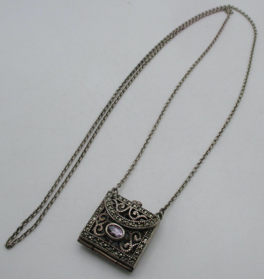 VTG Sterling Bali Scroll Amethyst Marcasite (2 missing) Purse Locket Necklace