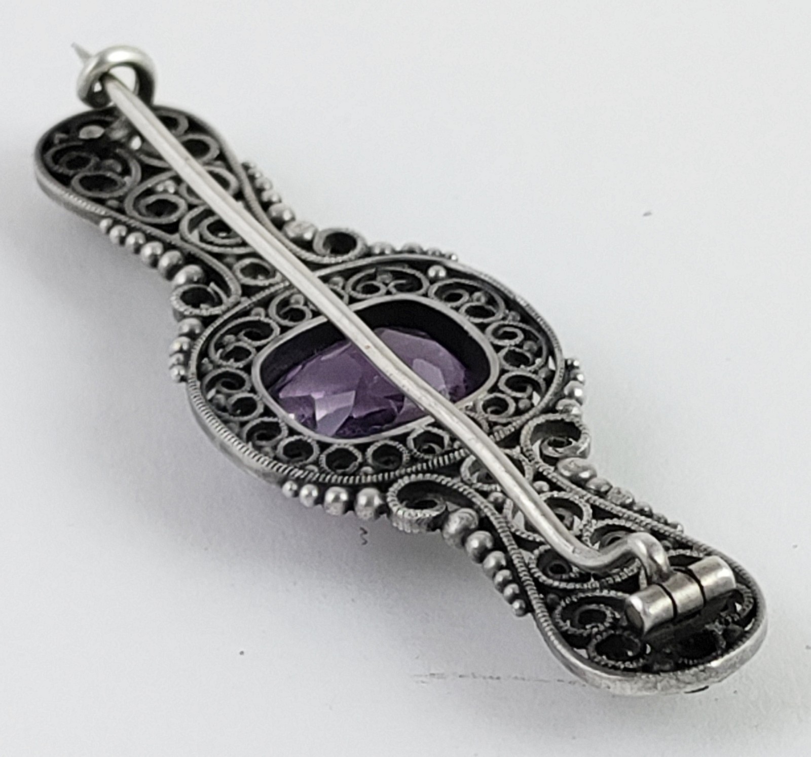Antique 800 Silver Cannetille Filigree Pin w/Bezel Set Faceted Amethyst Stone