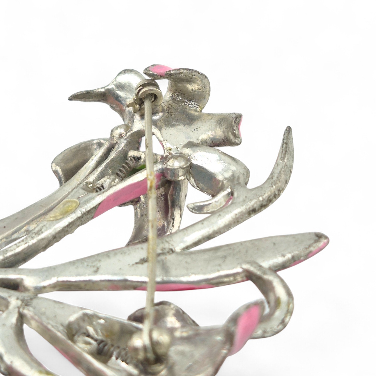 Vintage Coro Trembler Brooch Pink Lily Flower Enamel & Rhinestone Unsigned 3.3in