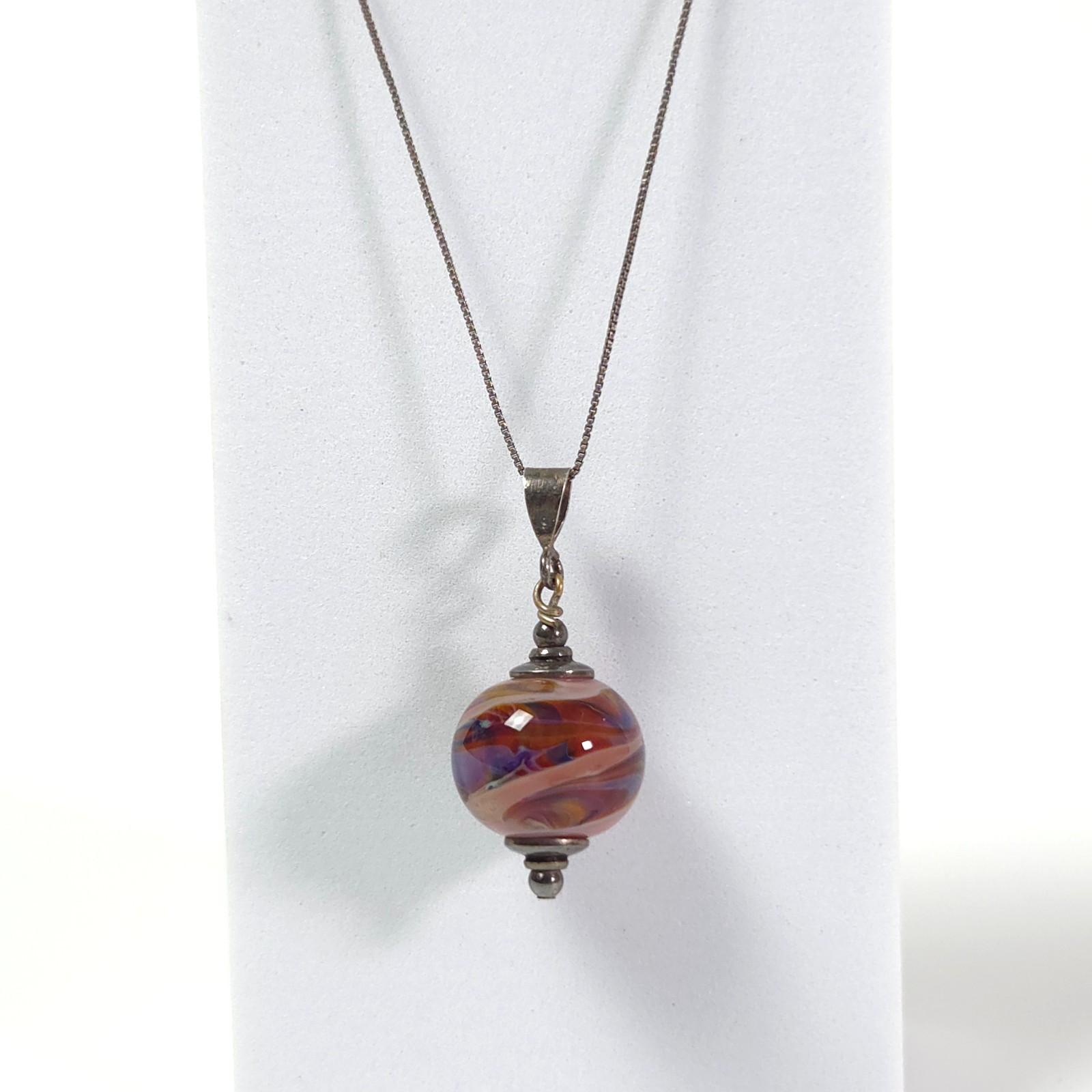 925 Sterling Silver Chain Necklace w Colorful Murano Lampwork Glass Bead Pendant