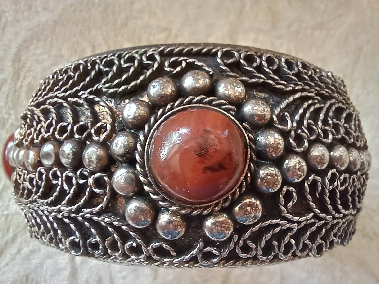 Vtg Silver Tone Metal Filigree Cuff Bracelet with Carnelian Red Stone Medieval