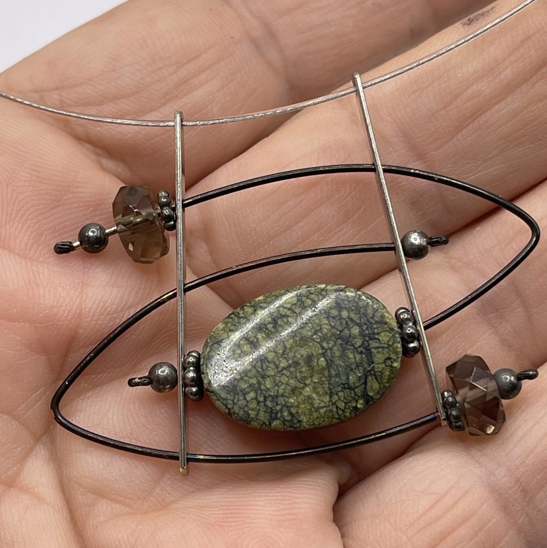 Vintage Modernist Artisan Necklace Choker Gemstone Pendant Clasp Sterling