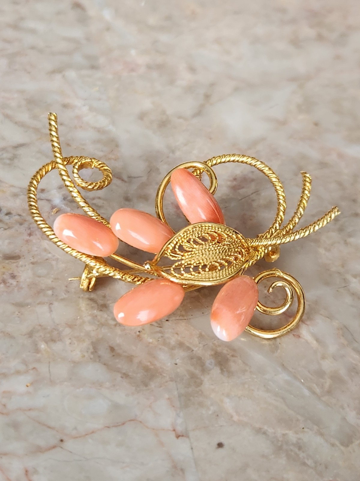 Vintage Angel Skin Coral Oblong Stones Goldtone Cannetille Flower Spray Brooches