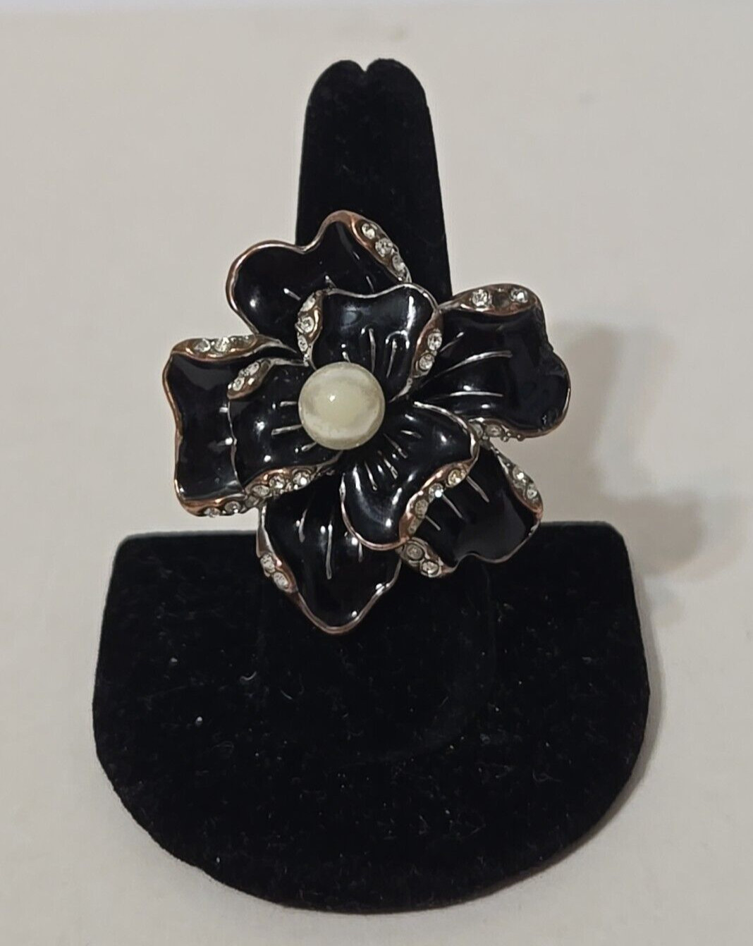 RA Robert Allison Black Enamel Faux Pearl Rhinestone Copper Pewter Ring