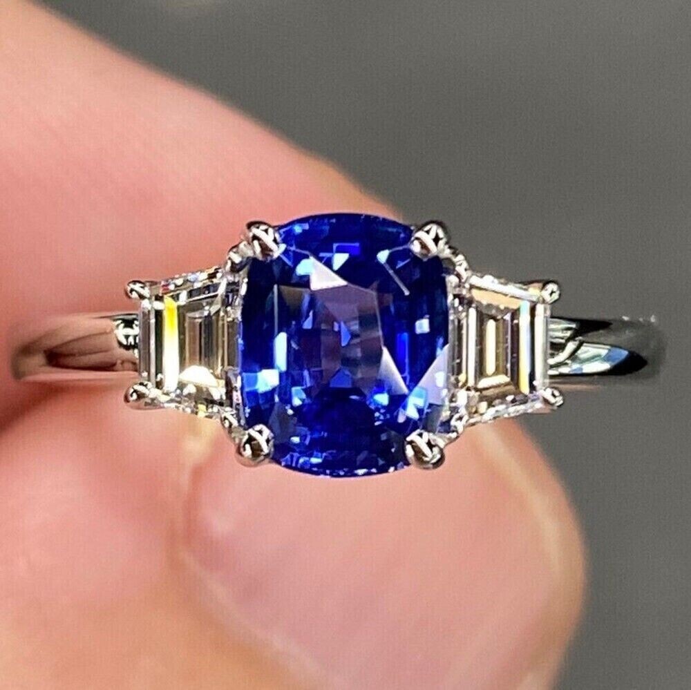 Cushion Cut Sapphire & Lab Created Diamond Three-Stone Wedding 925 Silver Ring