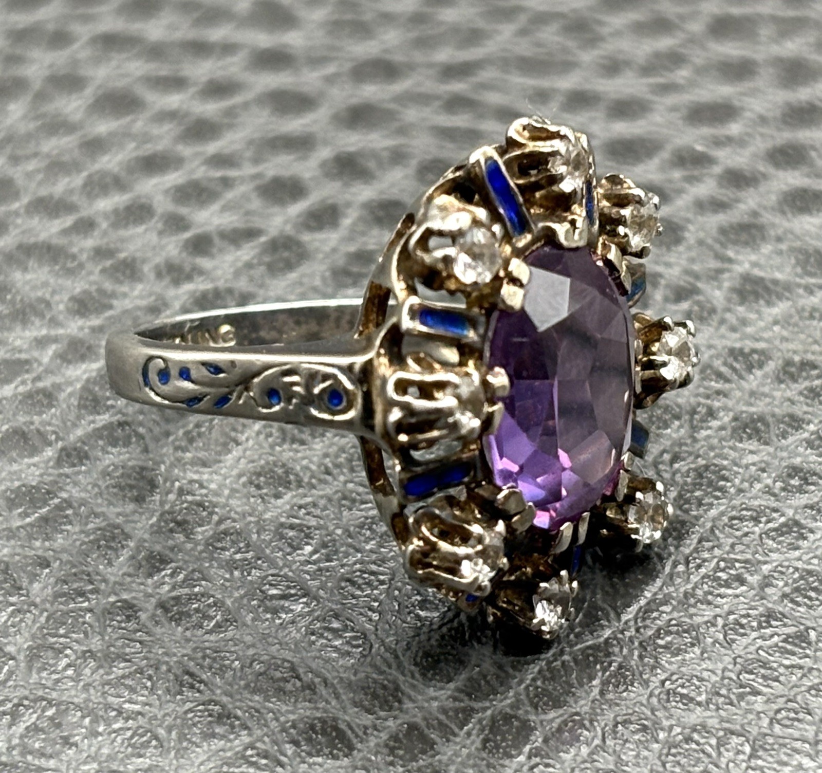 Vintage Huge Purple Sapphire Sterling Silver Blue Enamel Cocktail Ring Size 5.5