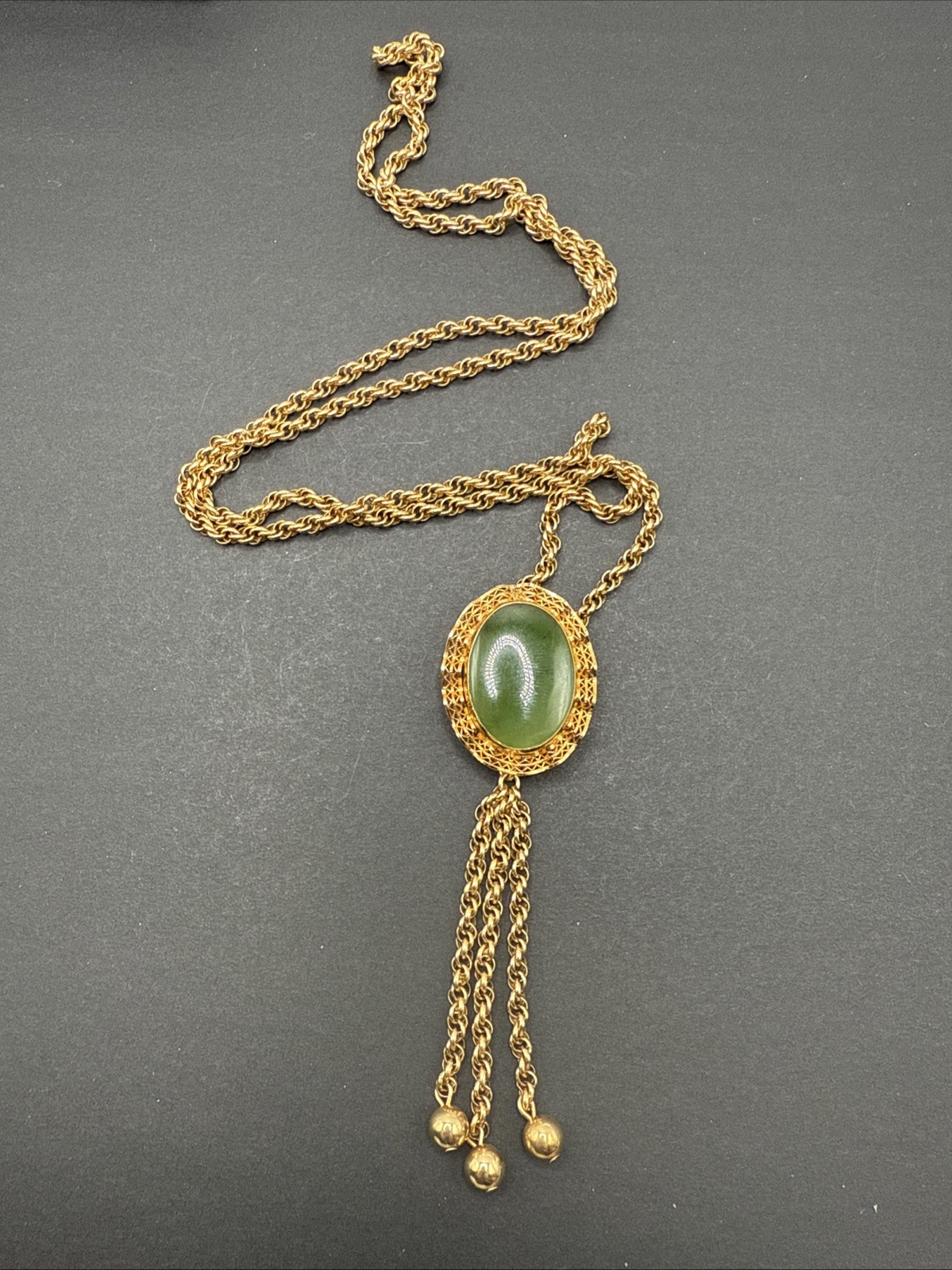 Vintage 1/20 12k Gold Filled Filigree Jade Slide Tassel Pendant Necklace 25g J13