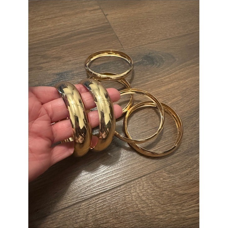 Vintage Gold Tone Bangle Bracelet Set Chunky Dome Stackable 6 Piece Mixed Width