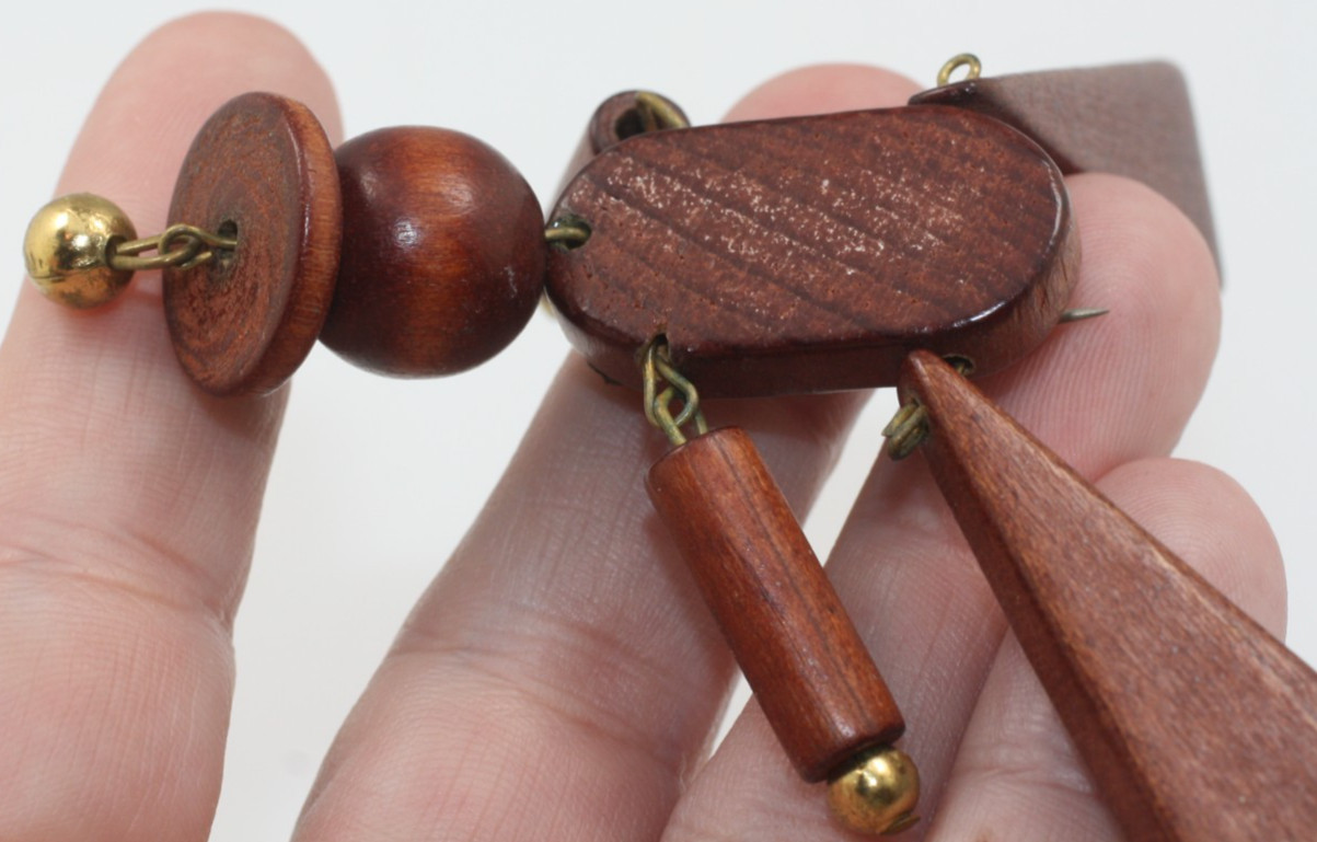 Vintage Wood Wooden Jointed figural man person brass bead Pin Brooch