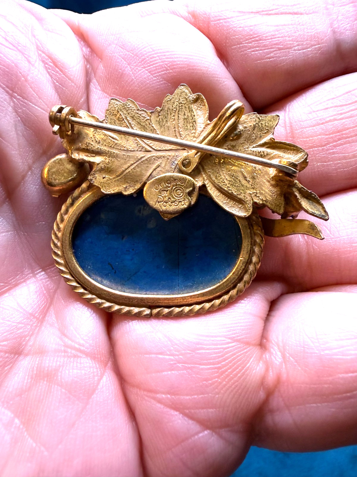 VTG Original by Robert Brooch Pendant Blue Glass Faux Pearl Ornate Gold Tone