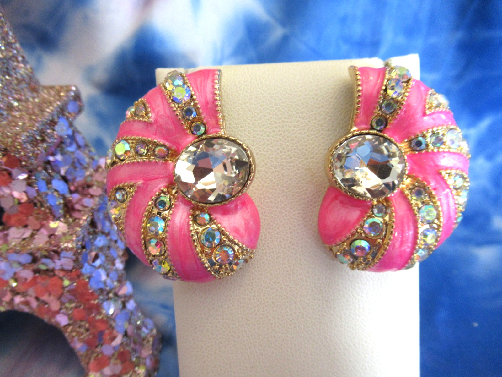 Nautilus Shell Pierced Earrings Pink Seashell Glass AB Crystal Stud Earrings NW