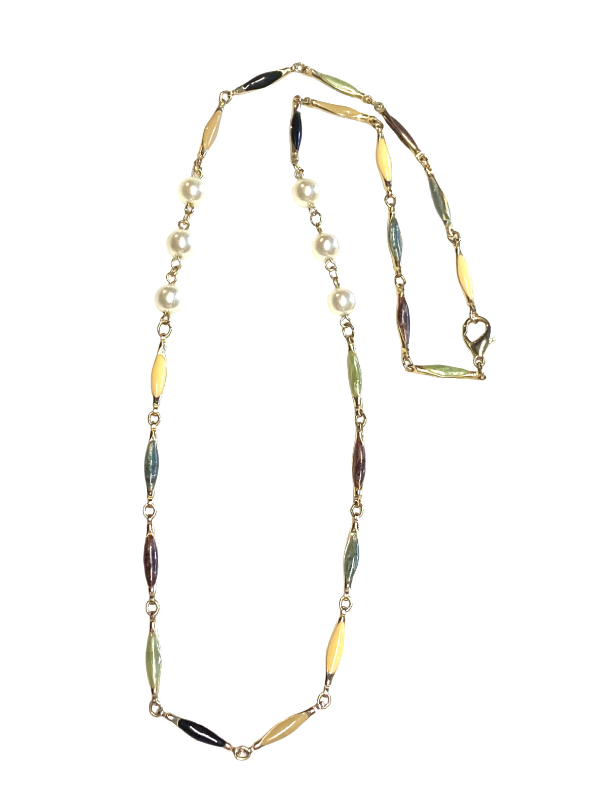 Vintage Gold Tone Multicolor Enamel Bar Link Elliptical Faux Pearl Necklace 25″
