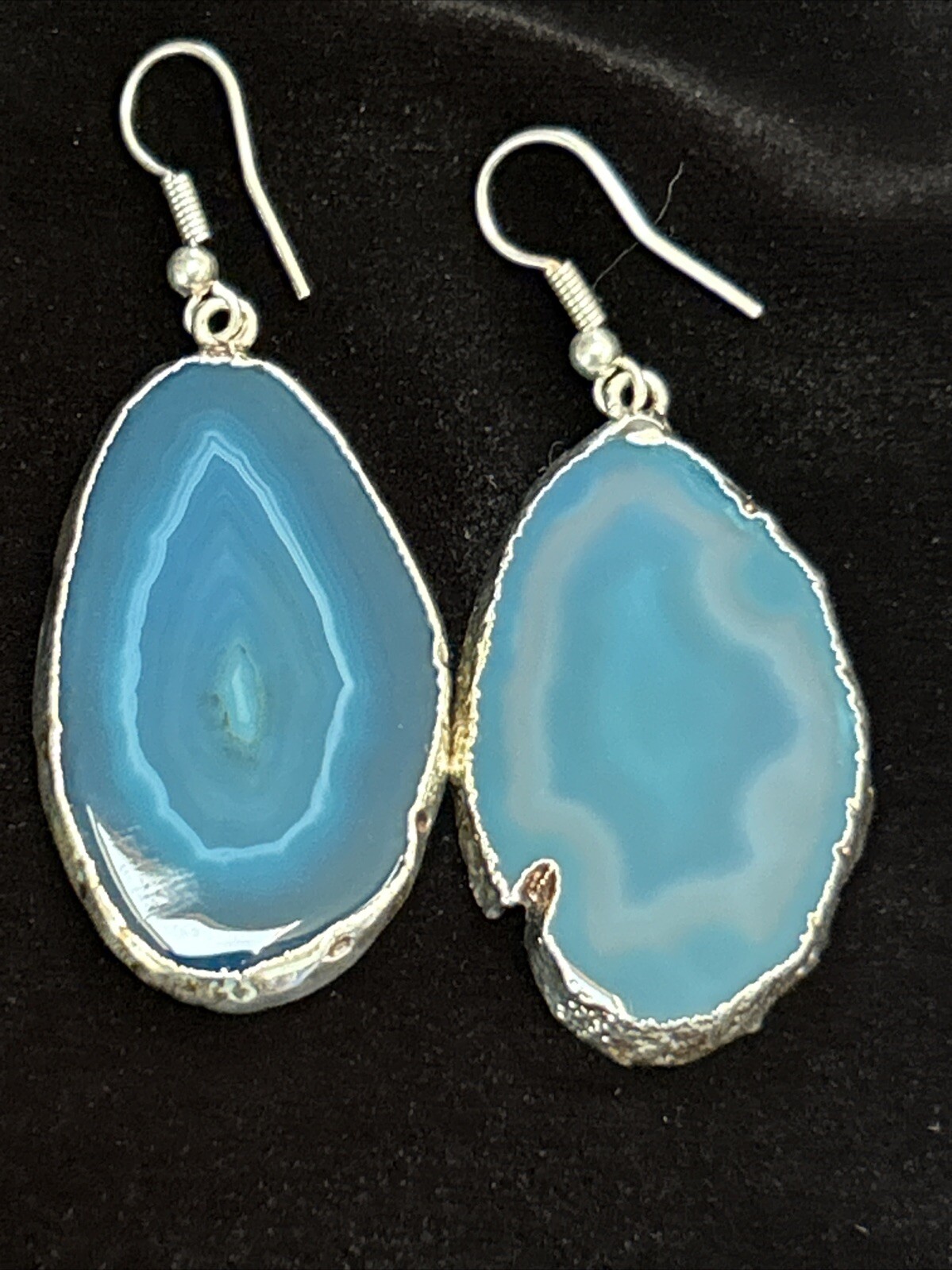 Vintage Silver Tone Blue Geode Slice Dangle Drop Pierced Earrings Large 2.25”