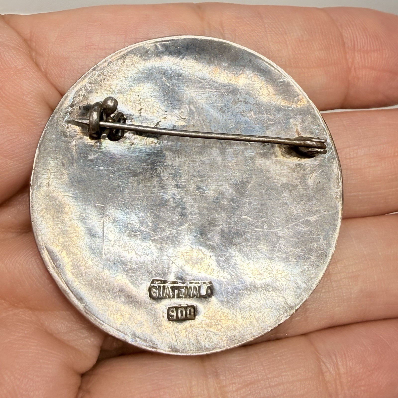 Vintage Guatemala Mixed Metal Round Brooch Stamped Atitlan Guatemala 900