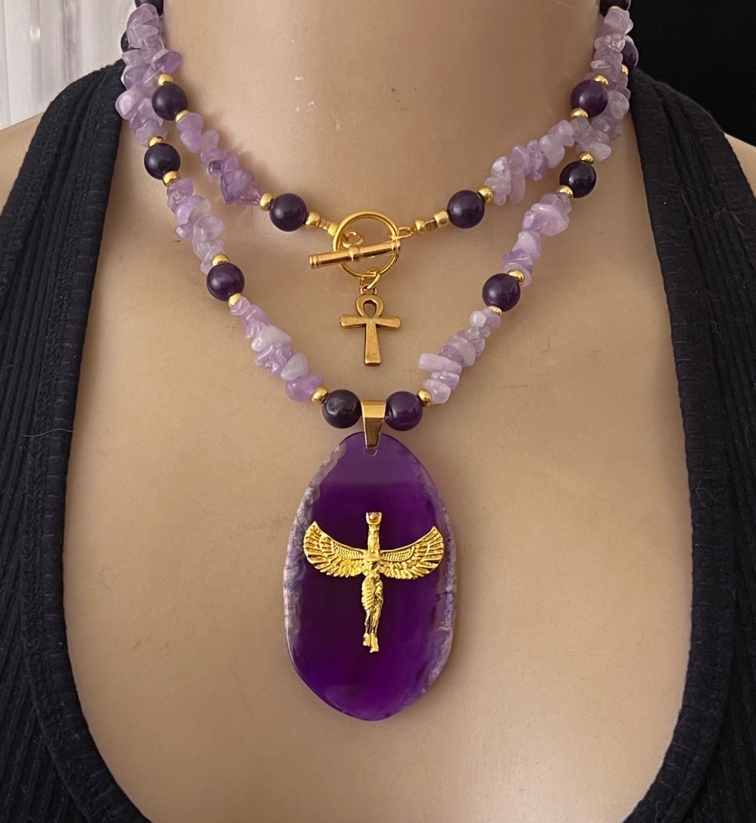 Artisan Necklace Egyptian Revival Goddess Pendant Amethyst Gemstone Beads