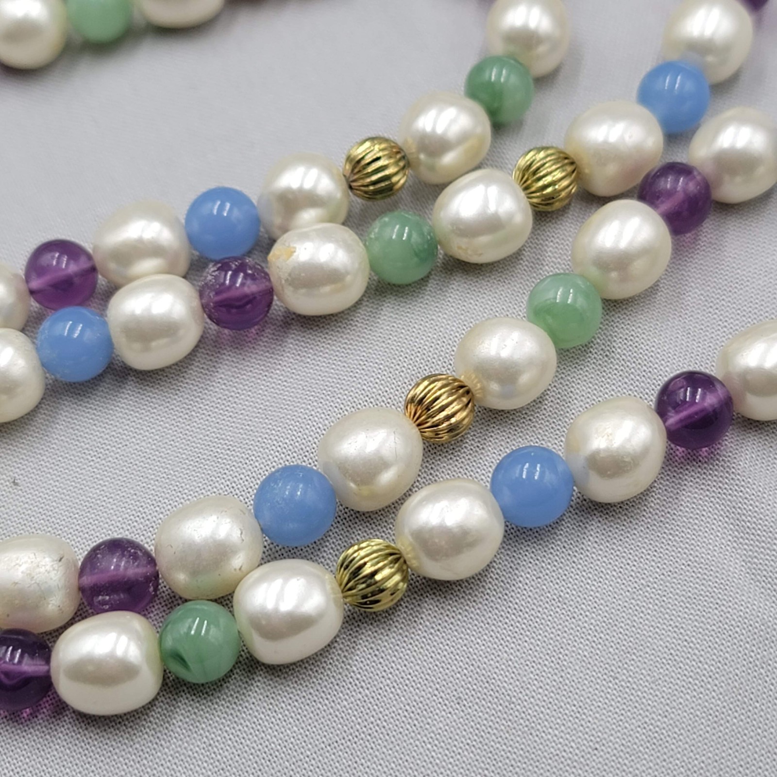 Vintage Bead Necklace Gold tone White Purple Blue Green Long 36″