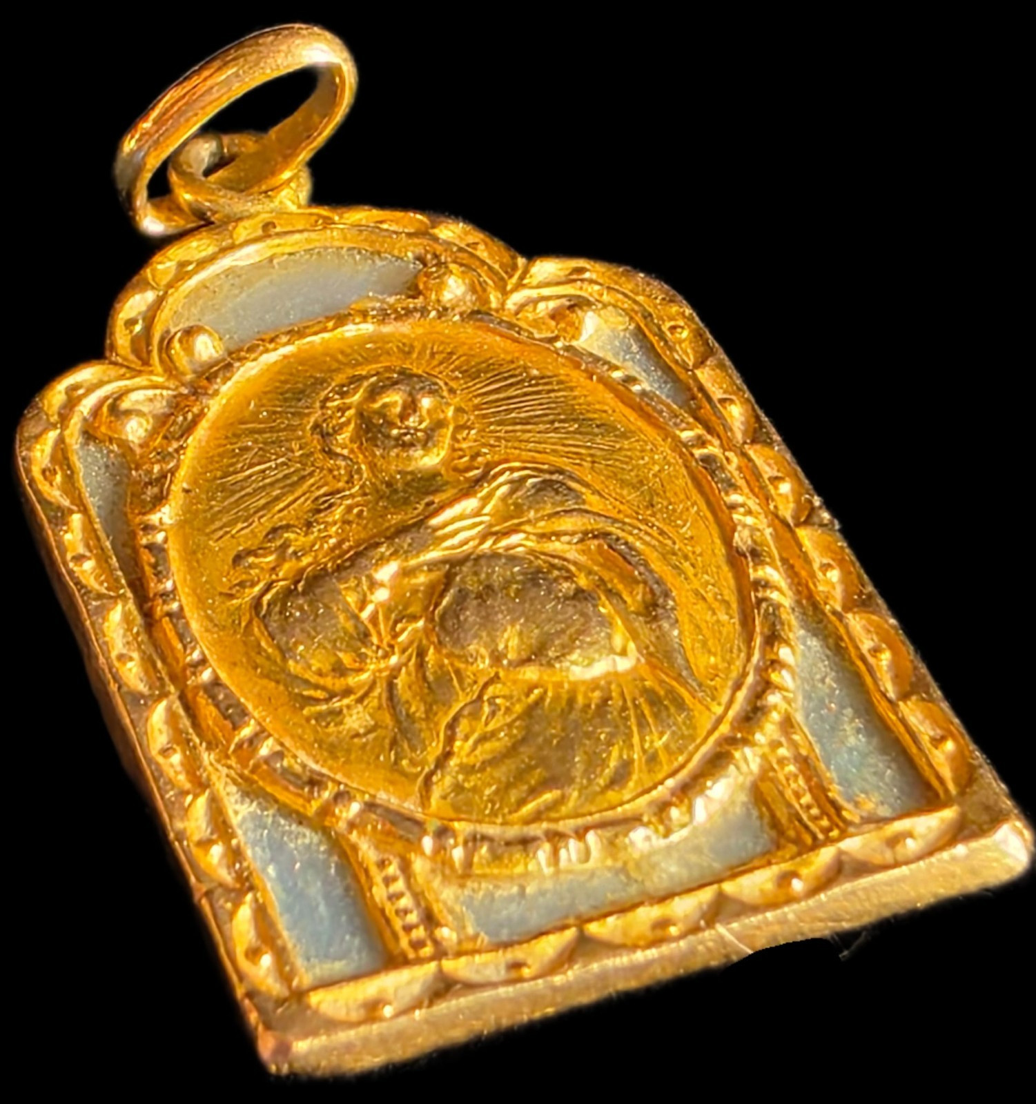 Antique Art Deco 18K Gold Virgin Mary Miraculous Medal Pendant European Catholic