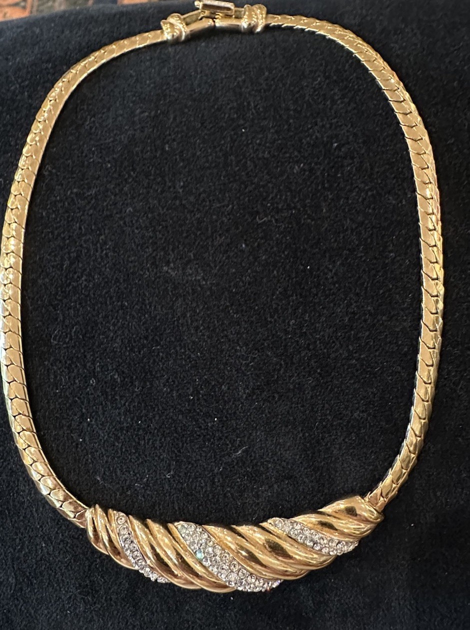 Vintage Swarovski Diamanté Ribbed Ribbon Gold Plated Runway Collar/Mob Wife/Glam