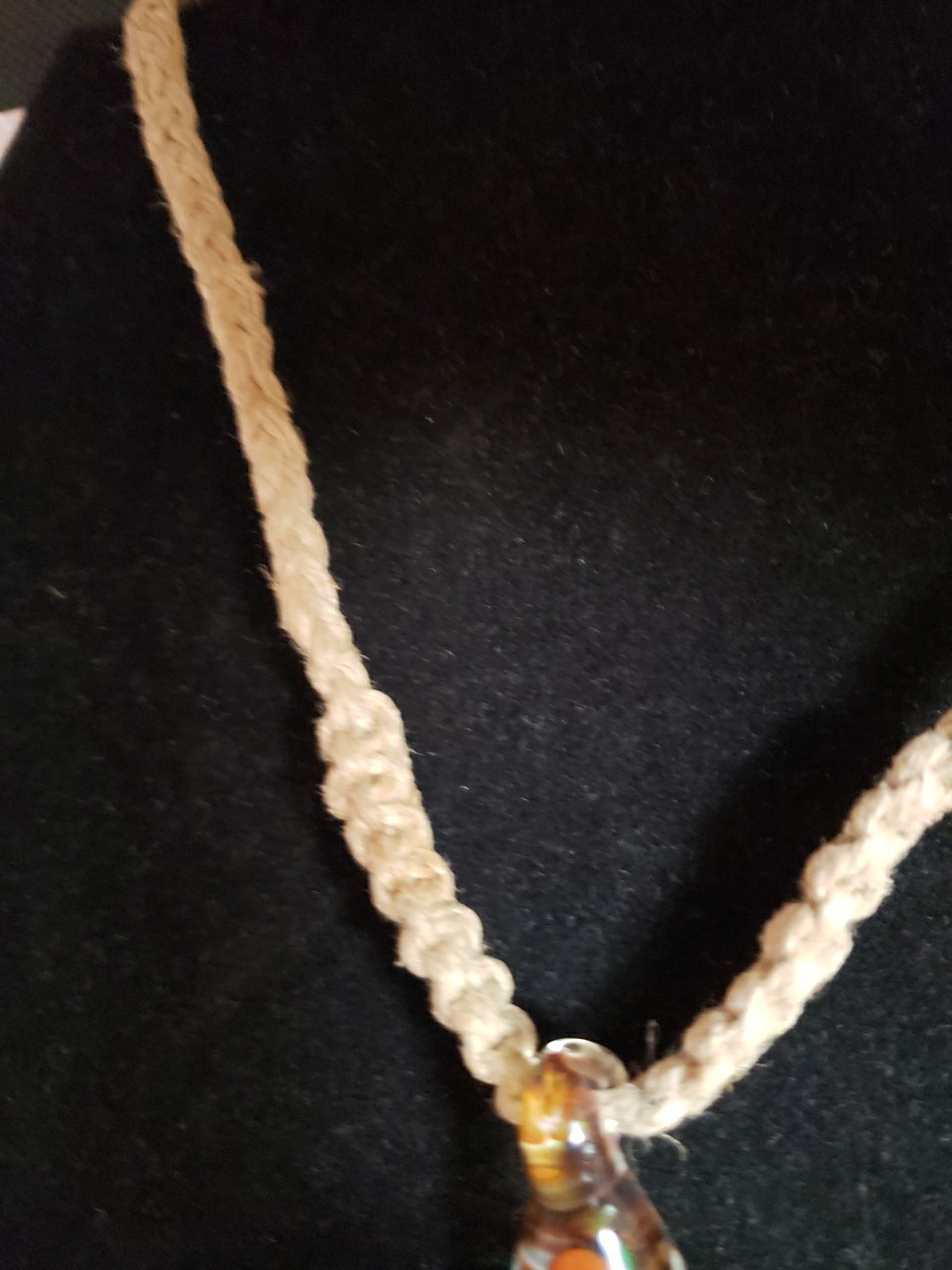 Vintage Blown Glass Hippie Mushroom Pendant Hemp Rope Necklace BOHO 15″Tie Back