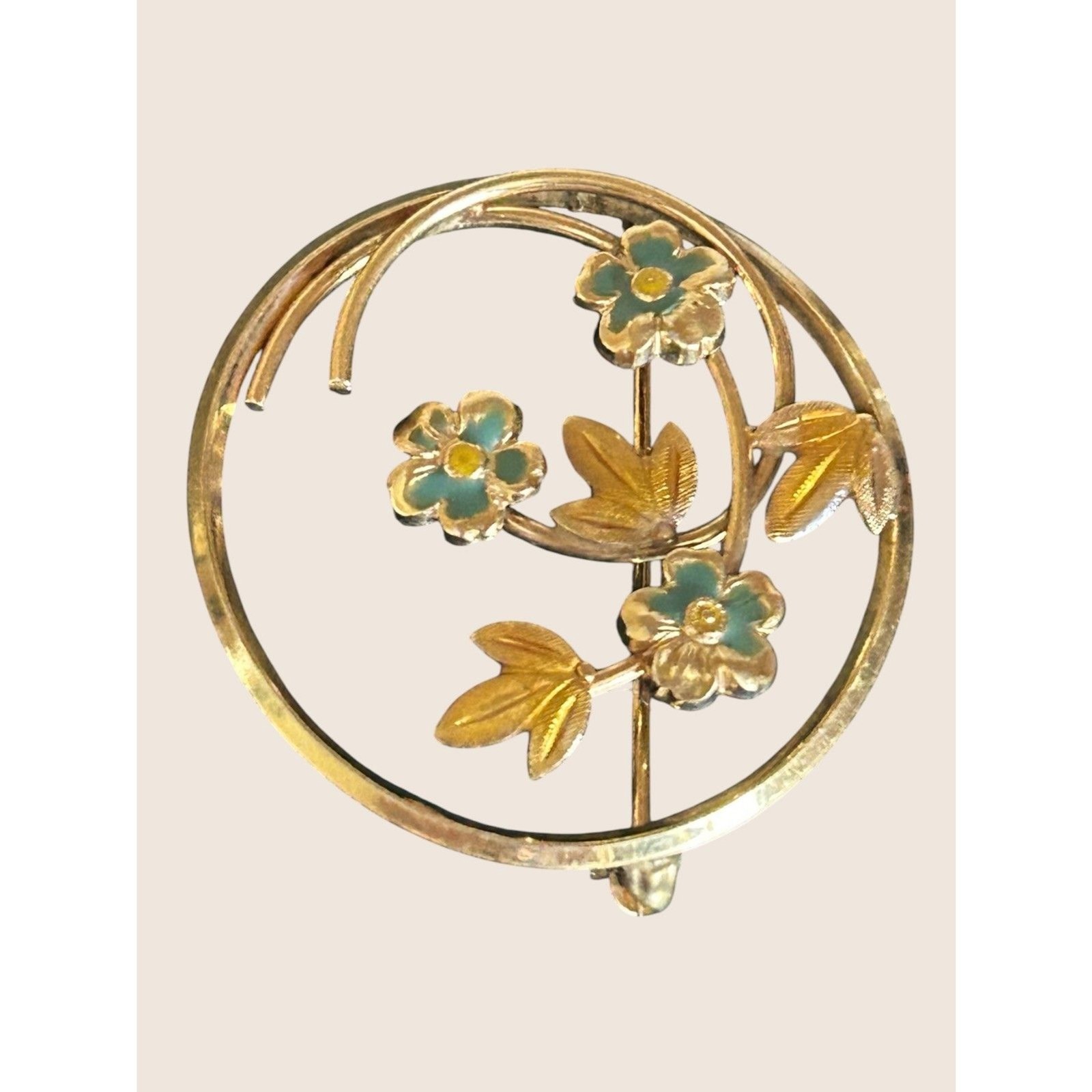 💐 VTG VAN DELL VD 12K GF CIRCLE BROOCH PIN FLOWER FLORAL ENAMEL RETRO DELICATE