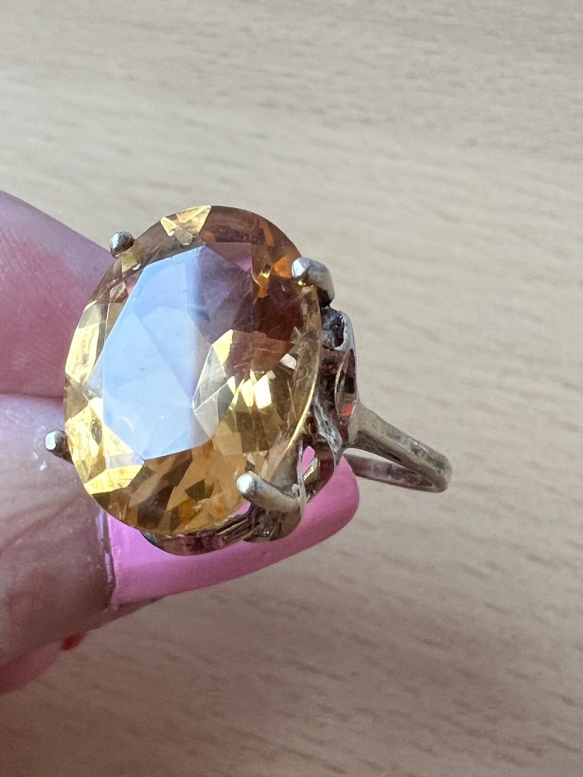VINTAGE LARGE OVAL HONEY GOLDEN CITRINE STATEMENT RING GILDED 925 STERLING SLVER