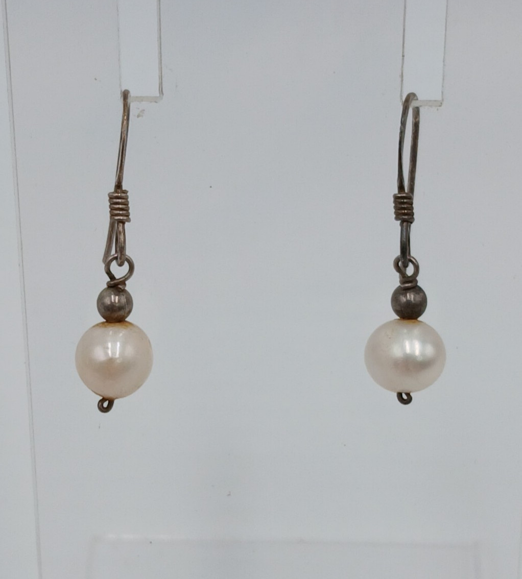 VTG 7mm Pearl Dangle Earrings 1in Drop Sterling Silver French Wire 1.43g Estate